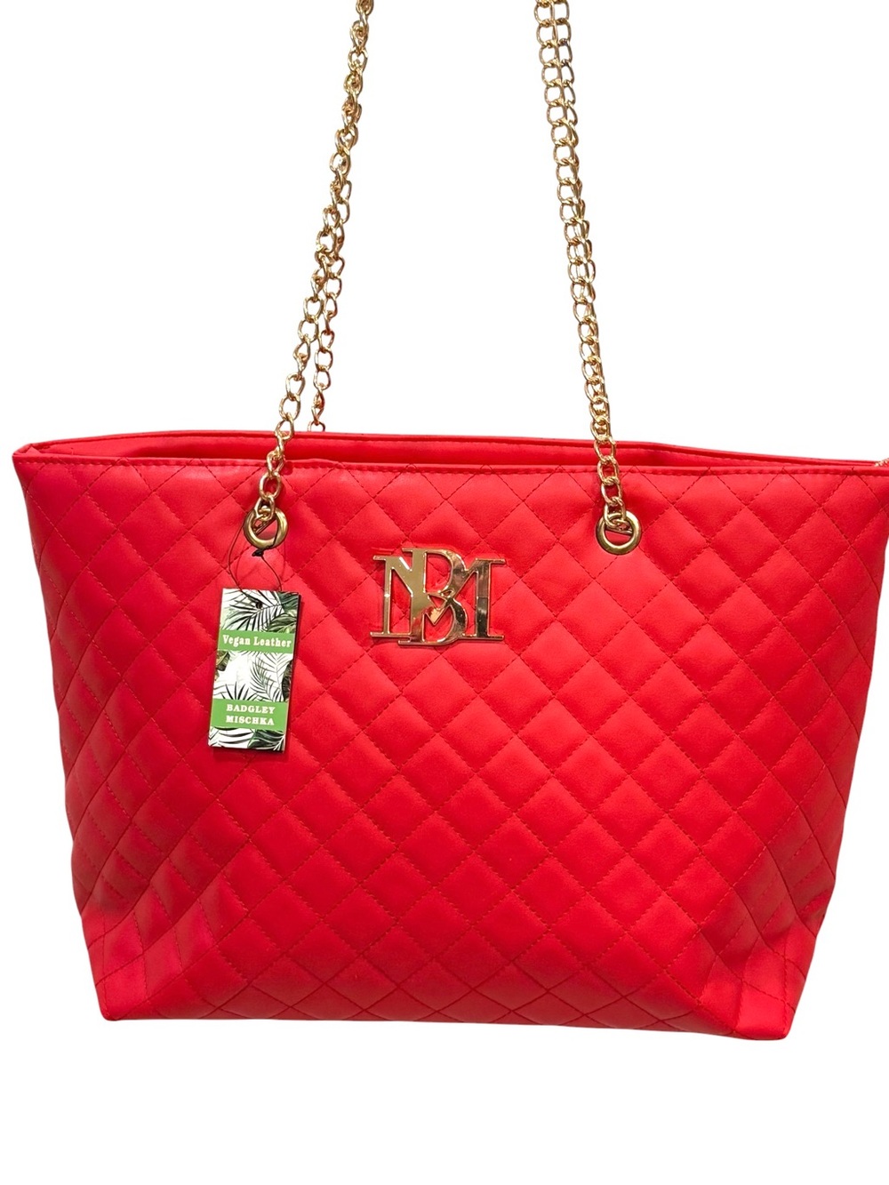 Badgley Mischka Large Red Quilted Tote w/Gold-tone Chain Handles